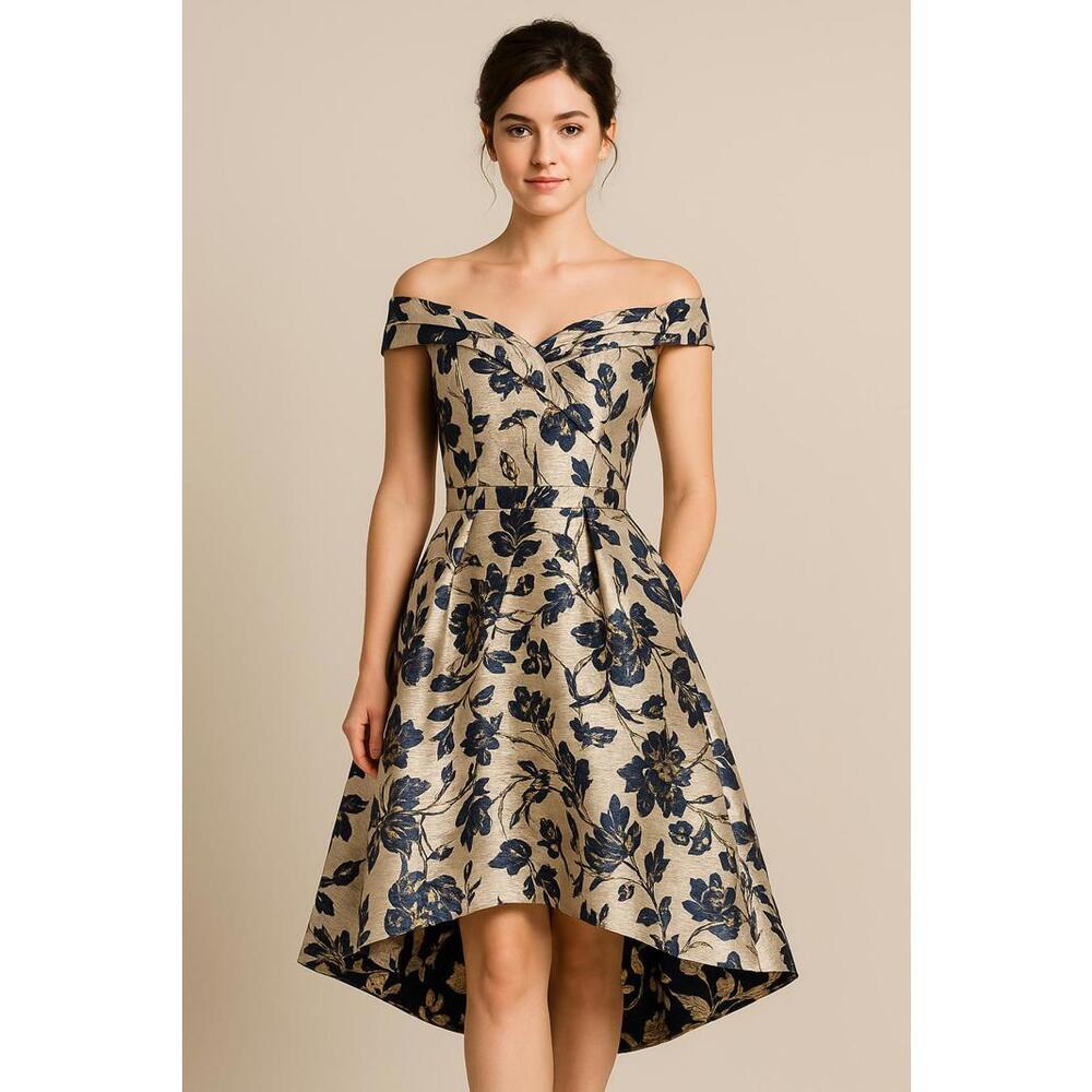 Oleg Cassini Navy and Gold High Low Dress